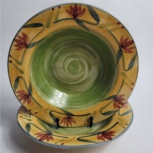 TWO Pier 1 Elizabeth Rim Soup Pasta Bowl Red Blue Floral on Yellow Green